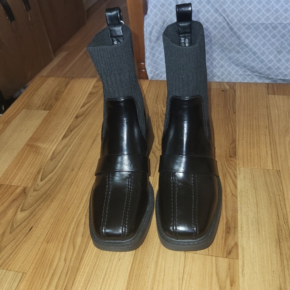 Women's Genuine Leather Square Toe Ankle Boots with Chunky Heel - Winter Knitted - Picture 11 of 16